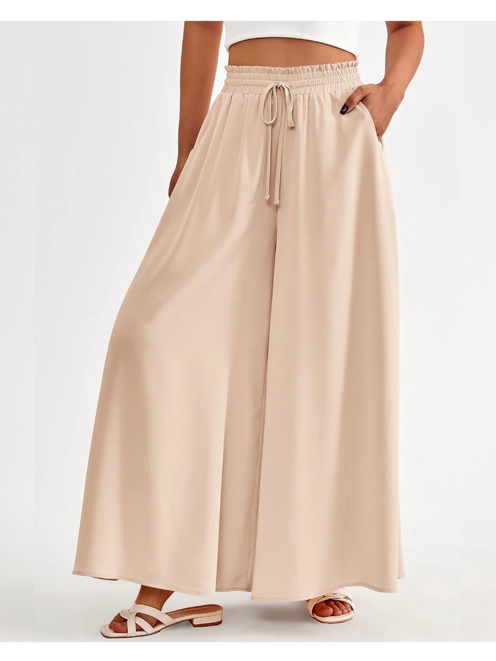 Beige Wide Leg Drawstring Palazzo Pants